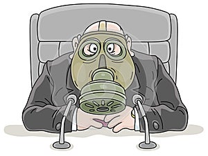 Government official in a gas mask at his desk