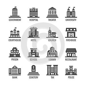 Government, public building vector icons set