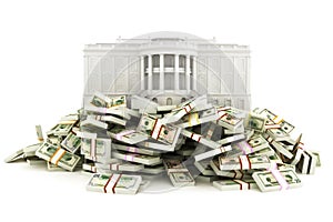 Government relief concept. White house sitting on top of a huge pile of money to be distributed to the population