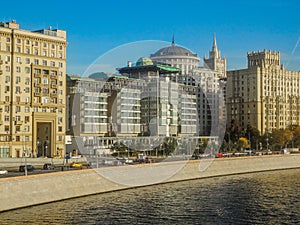 Government residential buildings, highly comfortable and not cramped, embankment, embankment of the Moskva River, clear waters of photo
