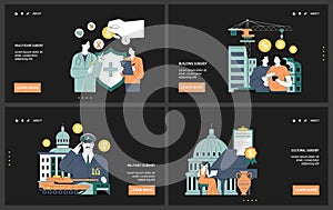 Government subsidy web or landing set. Diverse sectors including agriculture