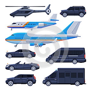 Government Vehicles Collection, Black Presidential Auto, Airplane, Helicopter, Luxury Business Transportation, Side View
