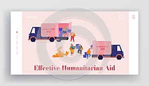 Governmental Help to People in Need Landing Page Template. Volunteers Characters in Humanitarian Aid Van photo