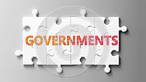 Governments complex like a puzzle - pictured as word Governments on a puzzle pieces to show that Governments can be difficult and photo