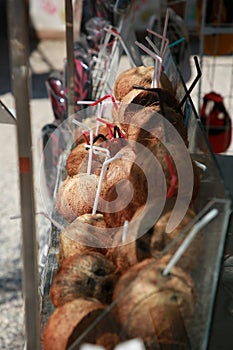 Goynuk Canyon. Coconuts with cocktail tubes on the restaurant`s outdoor counter