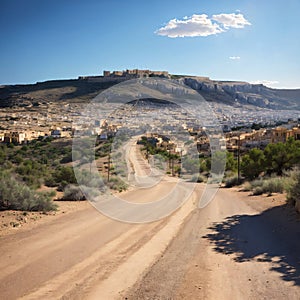 Gozo, Malta 08-06- Desolated road through a desert and ghost town with wide views over a landscape on the Island of