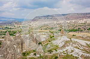 GoÌˆreme, Turkey - panorama view of the town of GoÌˆreme in Cappadocia, Turkey with fairy chimneys, houses, and unique rock