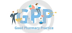 GPP, good pharmacy practices. Concept with keywords, letters and icons. Flat vector illustration. Isolated on white