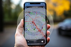 GPS app on phone, aiding car travel with a detailed map