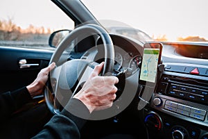 Gps car map system. Global positioning system on smartphone screen in auto car on travel road. Navigation auto location