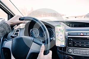 Gps car map system. Global positioning system on smartphone screen in auto car on travel road. Navigation auto location