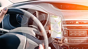 Gps car map system. Global positioning system on smartphone screen in auto car on travel road. Navigation auto location