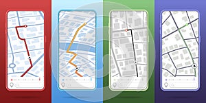 GPS city map app concept. Smartphone navigation application for travel with location mark, pointer, on screen. Search