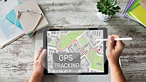 GPS Global positioning system tracking map on device screen. photo