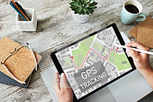 GPS Global positioning system tracking map on device screen.