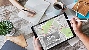GPS Global positioning system tracking map on device screen.