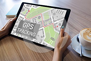 GPS Global positioning system tracking map on device screen.