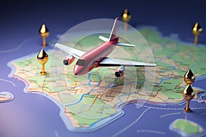 GPS innovation. Airplane pinned 3D world map icon aids navigation