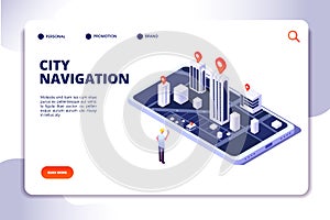 Gps isometric concept. Navigation city 3d map mobile phone, phone tracker with global positioning app. Landing vector