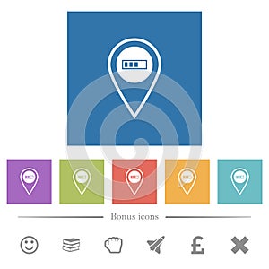 GPS location processing flat white icons in square backgrounds