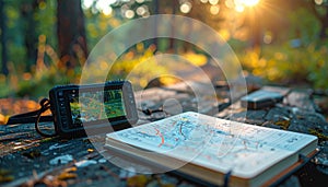GPS and Map for Forest Exploration at Sunset