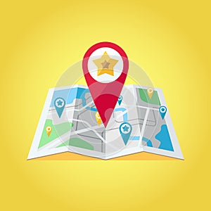 GPS map pointers on the map vector illustration. Big red GPS pointer with star.