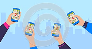 GPS navigation app. Mobile navigational application. Hands holding smartphones on cityscape background. Online map photo