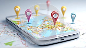 Gps navigation app on smartphone showing location pins