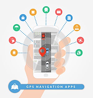 GPS navigation apps on mobile phone. Road navigation concept with city map, pin and road with cars.