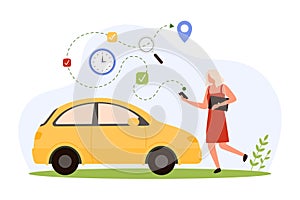 GPS navigation for car road travel in mobile app, tiny woman holding phone to navigate