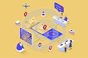 GPS navigation concept in 3d isometric design. Map navigation system with pointer, road traffic and online tracking in mobile app