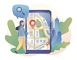 GPS navigation concept. Tiny girl search for location on smartphone. Online map. We have moved. Modern flat cartoon