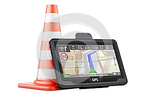 GPS navigation device with traffic cone, 3D rendering