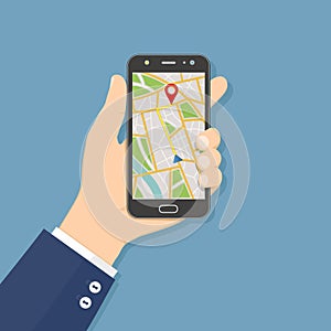 GPS navigation flat design concept. Hand holding mobile phone with GPS navigation map on screen.