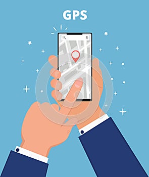 GPS navigation flat vector. Hand is holding smartphone with app, searching location in the city