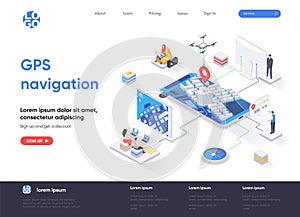 GPS navigation isometric landing page. Geolocation and navigation system, world orientation, route and direction isometry web page
