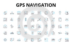 Gps navigation linear icons set. Satellites, Coordinates, Maps, Location, Routing, Waypoints, Signals vector symbols and