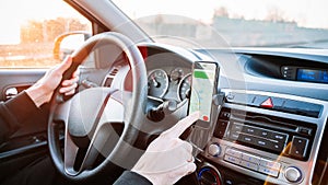 Gps navigation map system. Global positioning system on smartphone screen in auto car on travel road. GPS device