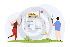 GPS navigation mobile app for car travel, tiny people search for route to destination