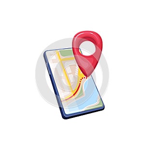 GPS navigation in mobile map app, phone with red pin showing city roads, direction