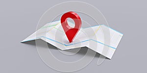 GPS navigation pointer on a paper map. Red Location pin icon