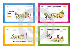 Gps Navigation Positioning Landing Page Template Set. Tiny Characters at Huge Location Map Use Online Geolocation App