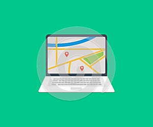 GPS navigation or route with check-in symbol on screen of Laptop logo design. UI pinning, discovery, geotag, tourism geolocation.