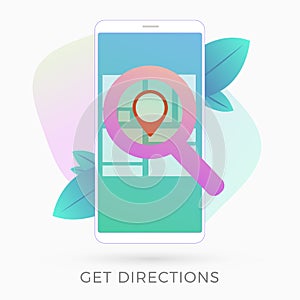 GPS navigation service app flat vector icon. Get directions and go to the point on map with smartphone gps navigator application.