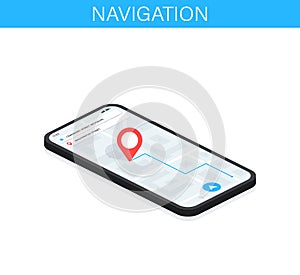 Gps navigation system. Mobile application for navigation. Gps smartphone tracker. Mark on the map. App Interface concept