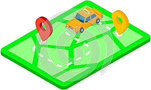 Gps navigation, tracking with app for vehicles. Car on map of area with marks, routes for automobile