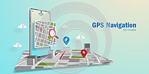 GPS Navigator Application Concept, search a direction via appplication on smartphone, Web banner background