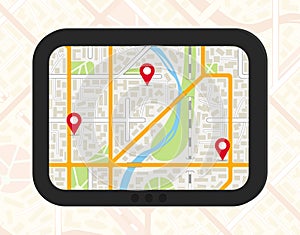 GPS navigator with city map and pinpoints.