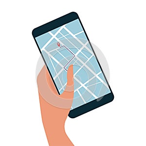GPS navigator. Human hand holding and Using Mobile Phone. GPS navigation location showing on display. Location Tracking
