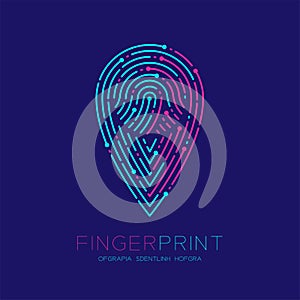 GPS navigator icon shape Fingerprint scan pattern logo dash line, digital map pointer concept, Editable stroke illustration pink